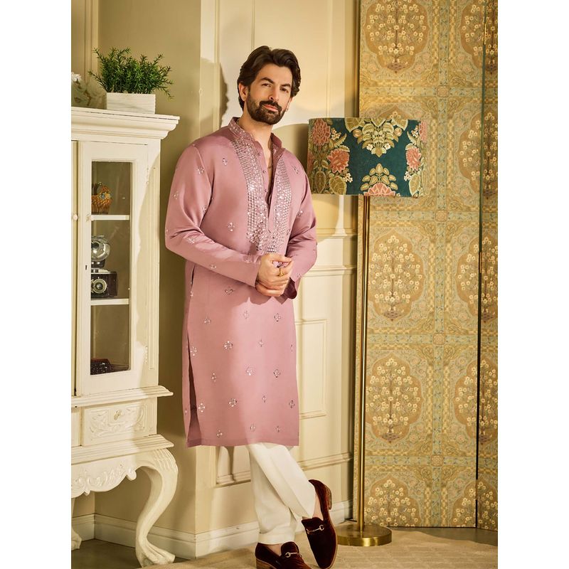 SOJANYA (Since 1958) Men's Cotton Silk Neck Embroidered Lavender Kurta With Pyjama (Set of 2) (42)