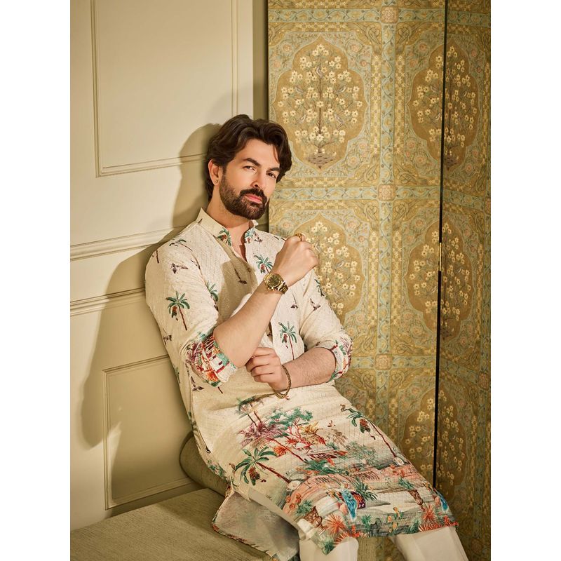 SOJANYA (Since 1958) Men's Cotton Krochet Daman Print White Kurta (44)