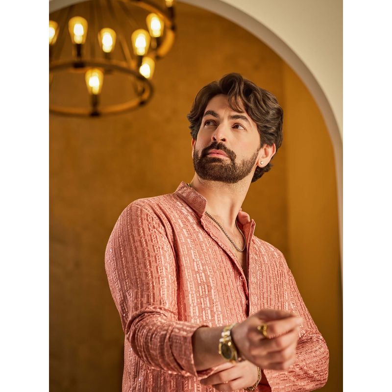 SOJANYA (Since 1958) Men's Cotton Rayon Shiny Thread Sequinned Coral Kurta (36)