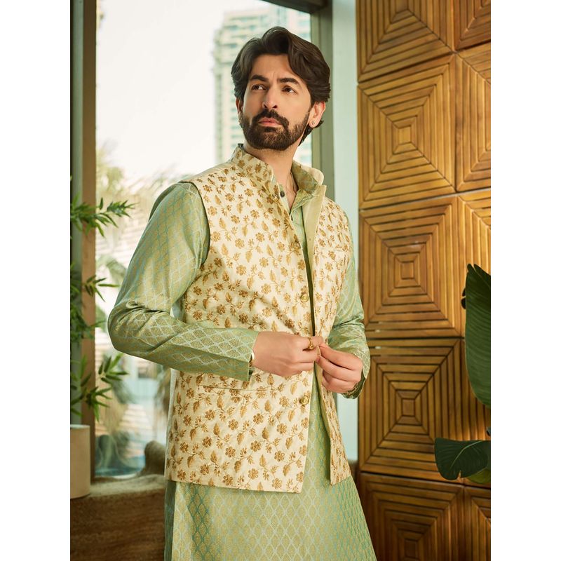 SOJANYA Cream Silk Blend Festive Kurta With Pyjama & Nehru Jacket (38)