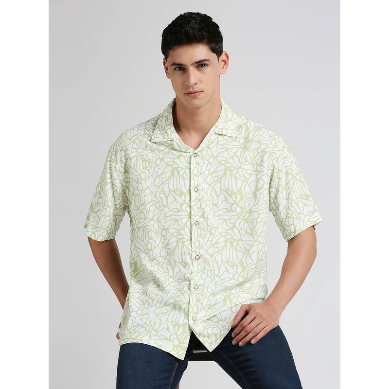 Pepe Jeans Mint Green All Over Print Resort Collar Trendy Short Sleeve Shirt (S)