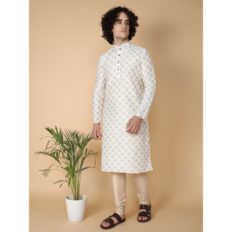 TABARD White Cotton Full Sleeve Regular Fit Printed Kurta for Men (S)