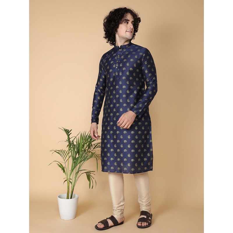 TABARD Blue Cotton Full Sleeve Regular Fit Printed Kurta for Men (M)