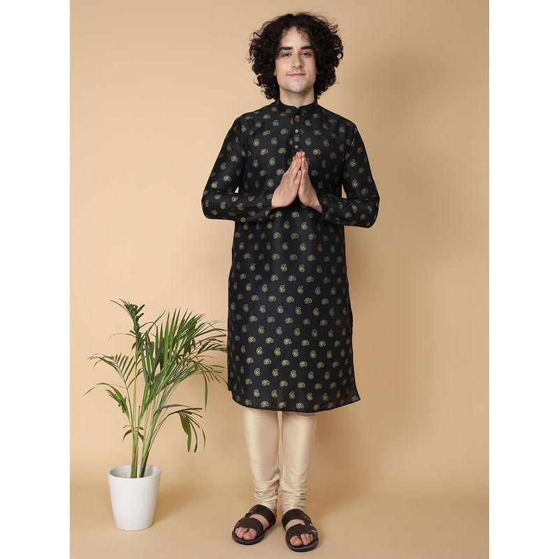 TABARD Black Cotton Full Sleeve Regular Fit Printed Kurta for Men (S)