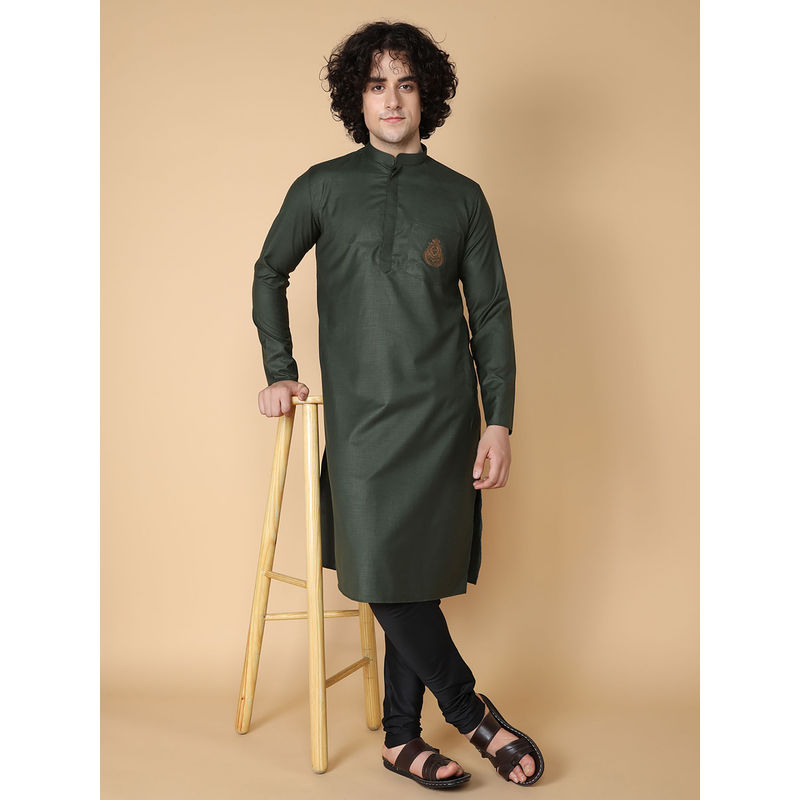 TABARD Green Cotton Full Sleeve Regular Fit Embroidry Kurta for Men (S)