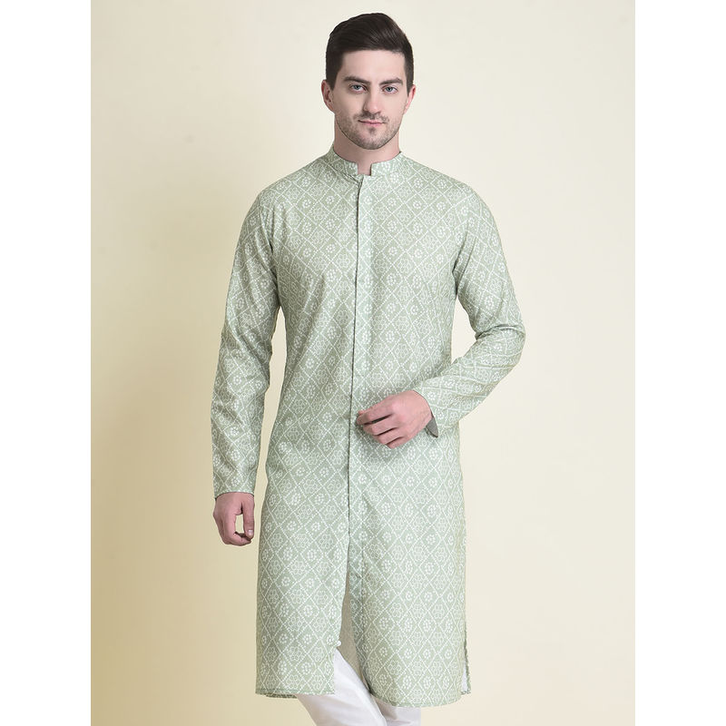 TABARD Ethnicwear Green Cotton Printed Long Sleeves Mandarin Kurta for Men (M)