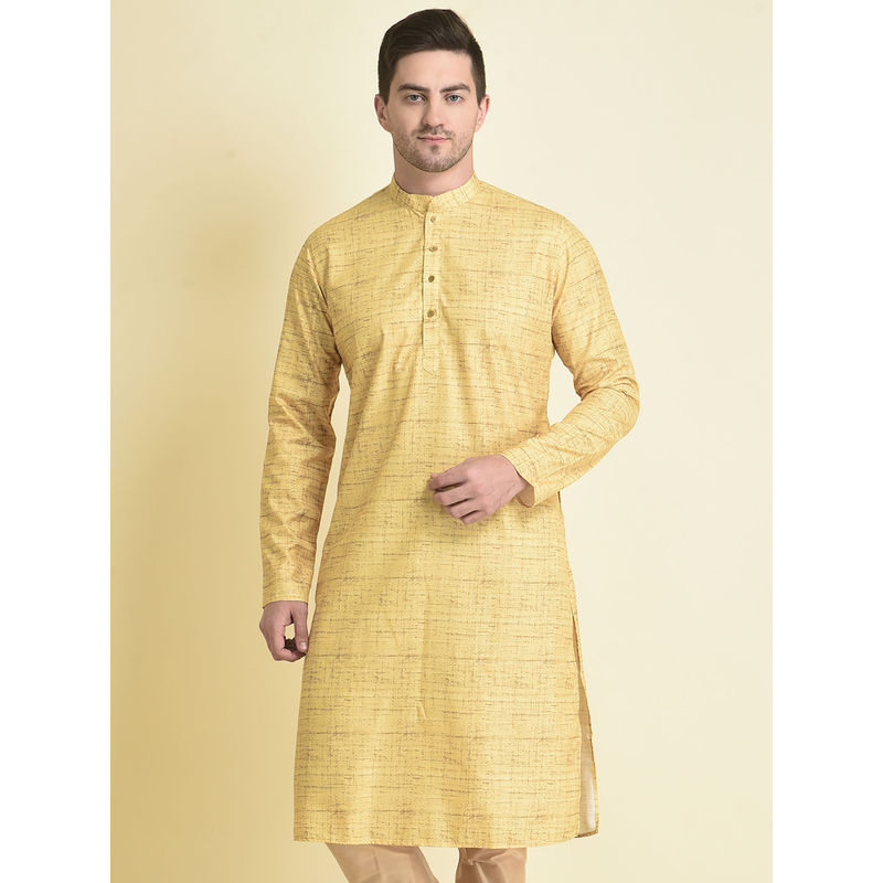 TABARD Ethnicwear Yellow Cotton Printed Long Sleeves Mandarin Kurta for Men (S)