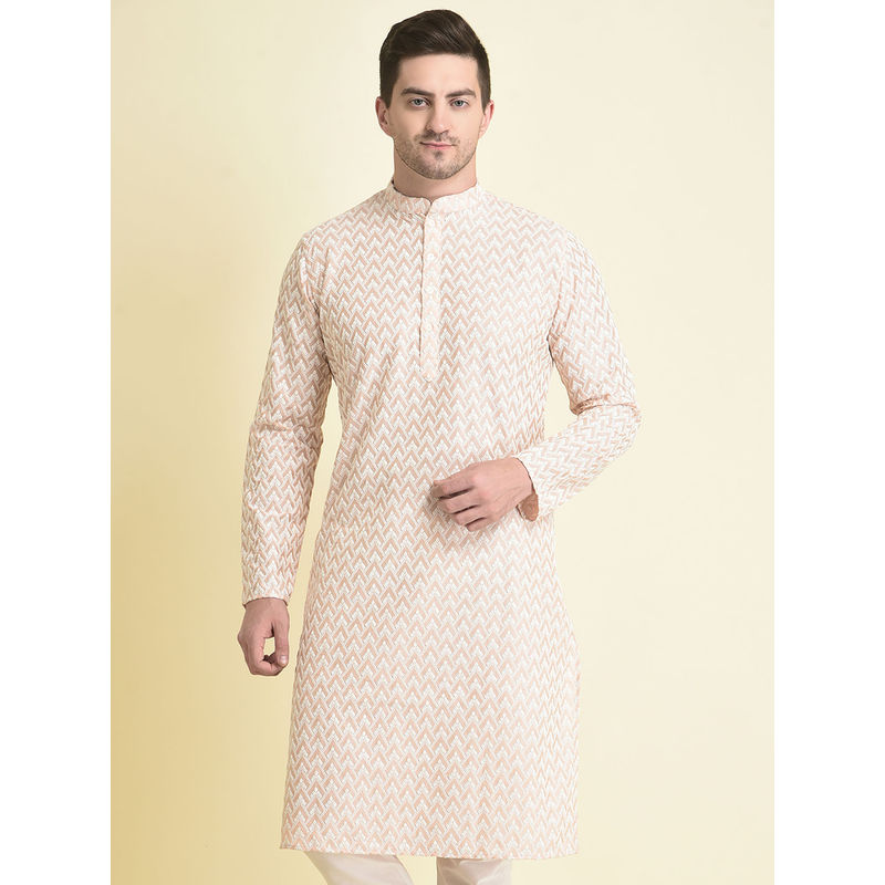 Tabard Cotton Full Sleeve Regular Fit Chikankari Embroidery Pink Kurta For Men (XL)
