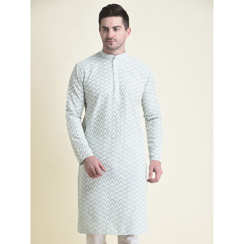 Tabard Cotton Full Sleeve Regular Fit Chikankari Embroidery Green Kurta For Men (S)