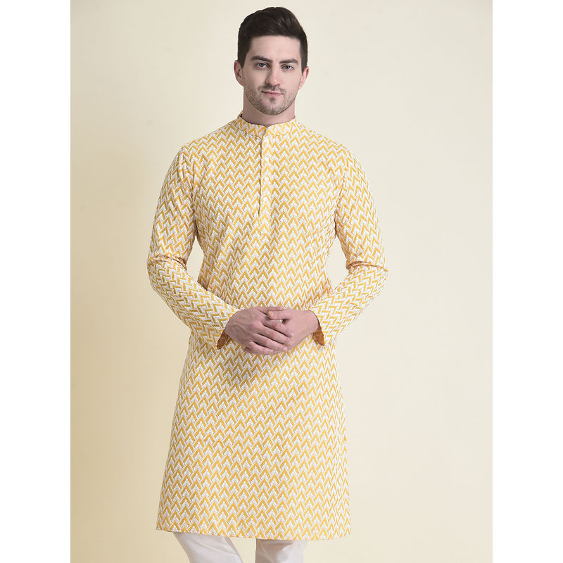 Tabard Cotton Full Sleeve Regular Fit Chikankari Embroidery Yellow Kurta For Men (XL)