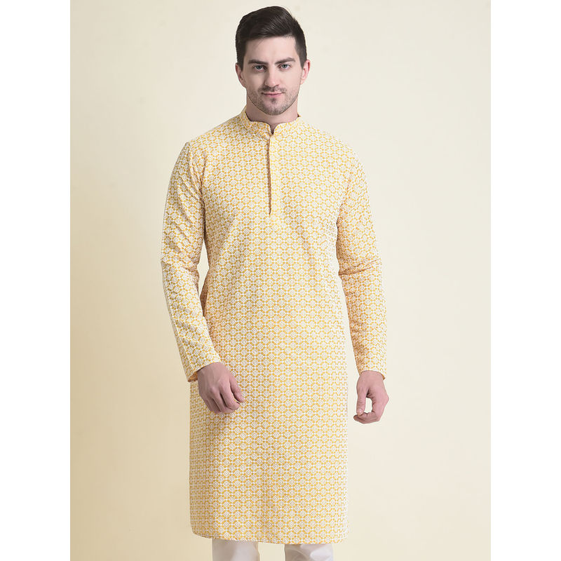 Tabard Cotton Full Sleeve Regular Fit Chikankari Embroidery Yellow Kurta For Men (XL)