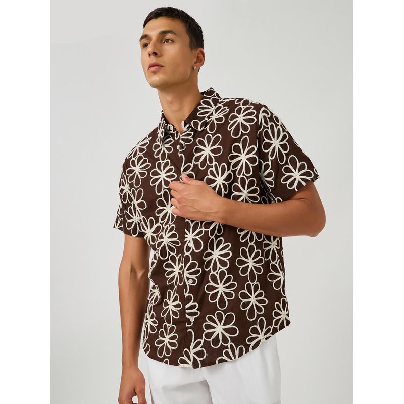 Styli Men Embroidered Regular Fit Collar Brown Shirt (S)