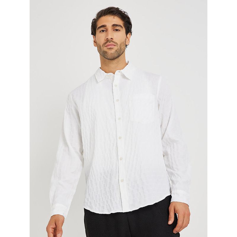 Styli Men Textured Regular Fit Spread Collar Long Sleeve White Shirt (XL)