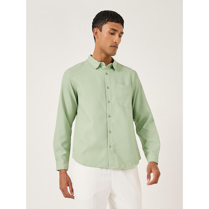 Styli Men Textured Regular Fit Spread Collar Long Sleeve Green Shirt (S)