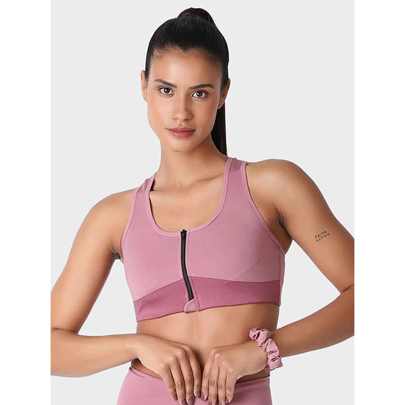 Kica Second Skn Mid Support Zip Sports Bra With Racerback At Back Mauve (M)