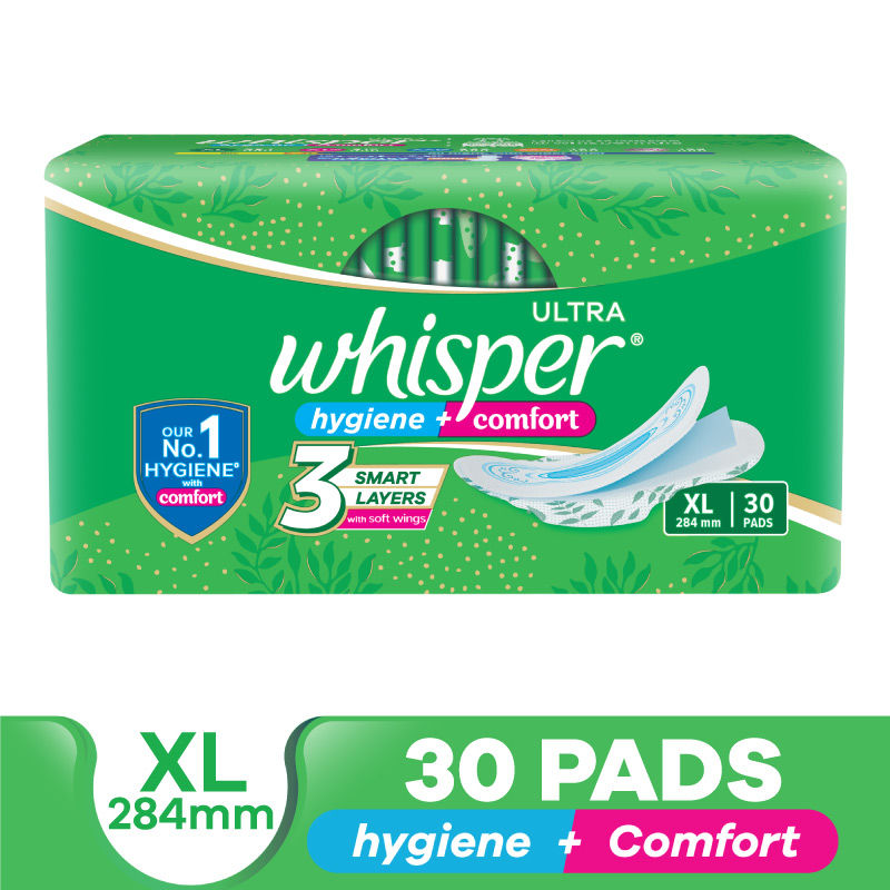 Whisper Ultra Clean Thin XL Sanitary Pads-Hygiene & Comfort, Soft Wings & Dry Top Sheet - XL 30 Pads
