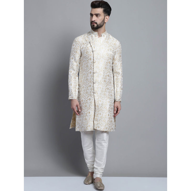 TREEMODA Men Designer White Golden Sherwani & Churidar (Set of 2) (M)