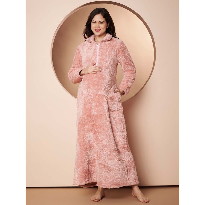 Secret Wish Women Pink Solid Fur Maternity Winter Nighty (M/L)