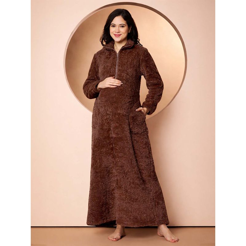 Secret Wish Women Brown Solid Fur Maternity Winter Nighty (M/L)