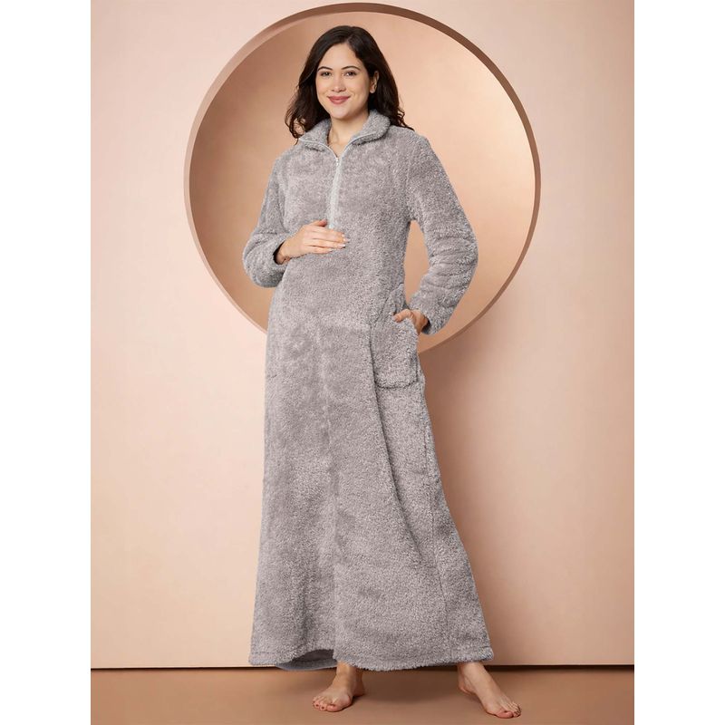Secret Wish Women Grey Solid Fur Maternity Winter Nighty (M/L)