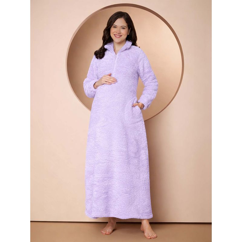 Secret Wish Women Lavender Solid Fur Maternity Winter Nighty (M/L)