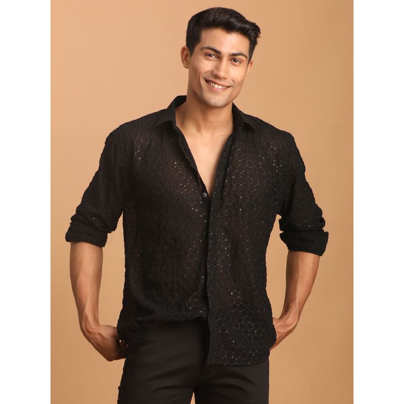 Vastramay Mens Black Georgette Ethnic Shirt (L)