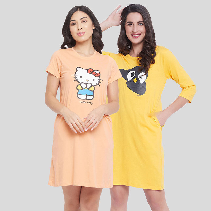 Clovia Pack of 2 Cotton Hello Kitty Text and Graphic Print Short Nightdress - Multi-Colour (S)