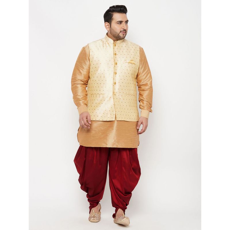 Vastramay Men Gold Silk Blend Nehru Jacket with Kurta & Dhoti (Set of 3) (2XL)