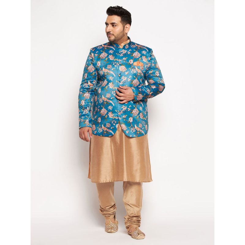 Vastramay Men Turquoise and Gold Ethnic Jodhpuri Jacket with Kurta & Churidar (Set of 3) (2XL)