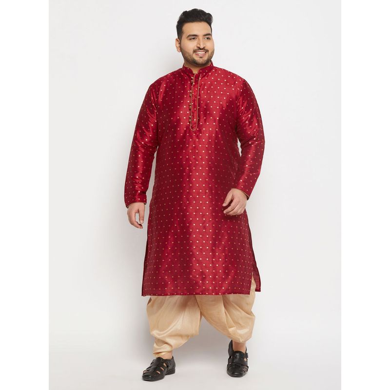 Vastramay Men Maroon and Gold Silk Blend Kurta with Dhoti (Set of 2) (4XL)