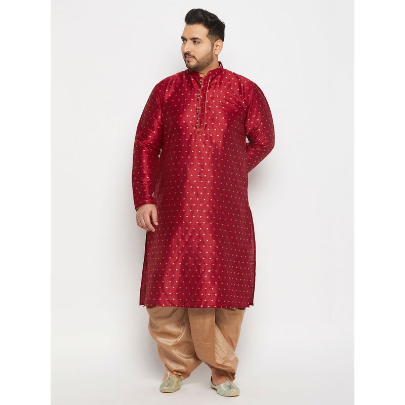 Vastramay Men Maroon and Rose Gold Silk Blend Kurta with Dhoti (Set of 2) (3XL)