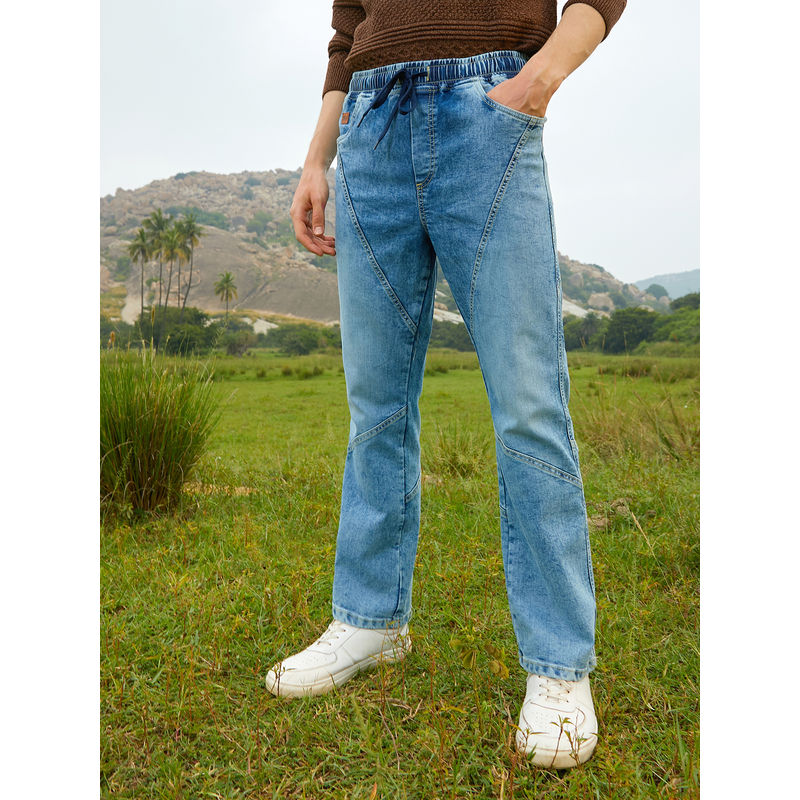 Campus Sutra Mens Light Blue Straight-Fit Patchwork Denim Jeans (30)