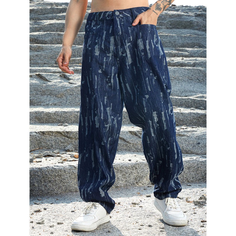Campus Sutra Mens Navy Blue Textured Baggy Denim Jeans (30)
