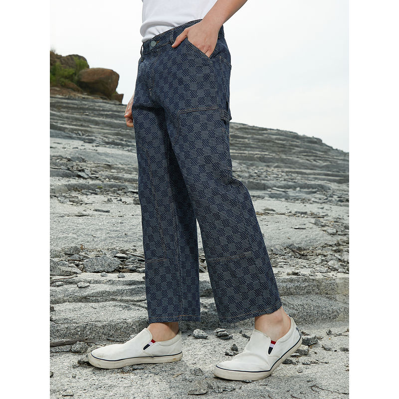 Campus Sutra Mens Navy Blue Checks Baggy Utility Denim Jeans (30)