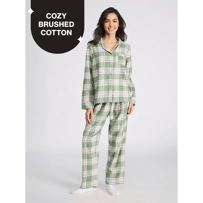 Cozy Brushed Cotton Button Down Pyjama Set of 2 In Relaxed Fit NYS902 Green & Pink (S)