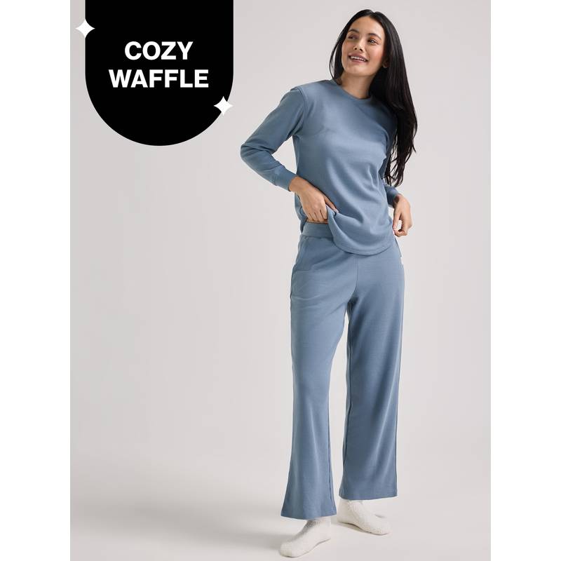 Nykd By Nykaa Waffle Pajama Set of 2 with Long Sleeved Flattering Hem Lounge Top NYS966 Blue (S)