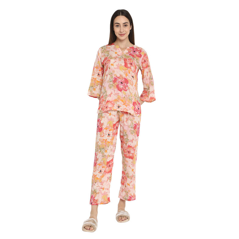Shopbloom Big Flower Print Round Neck Cotton Top with Pyjama (Set of 2) (S)