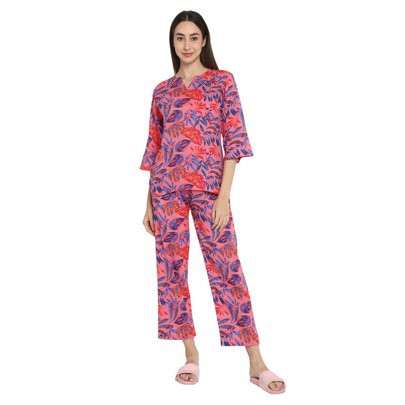 Shopbloom Bright Pink Leaves Round Neck Cotton Top with Pyjama (Set of 2) (XS)