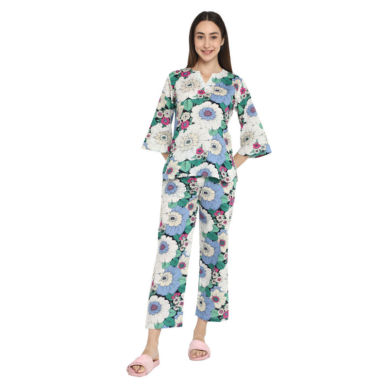 Shopbloom Colourful Flowers Blue and Green Round Neck Cotton Top with Pyjama (Set of 2) (XS)
