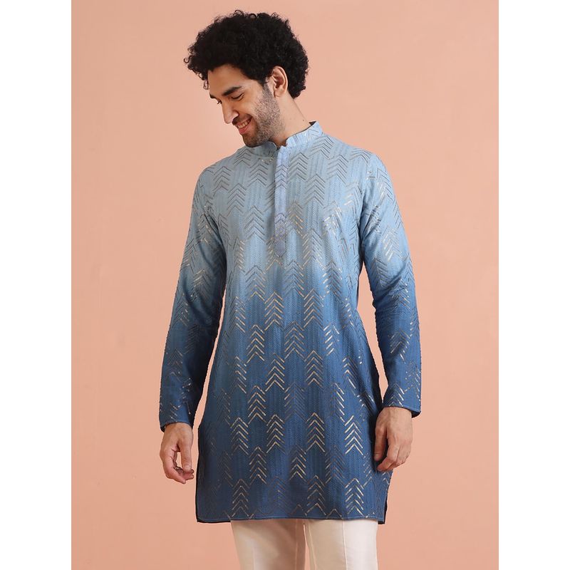 KISAH Men Navy Blue Ombre Cotton Blend Kurta with Sequinned (M)