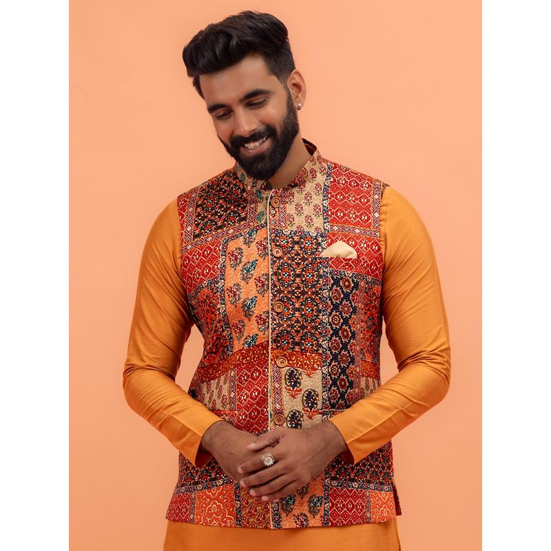 KISAH Men Multi Coloured Printed Cotton Blend Nehru Jacket with Zari Design (XL)