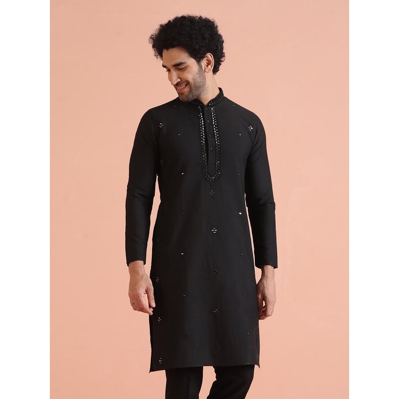 KISAH Men Black Mirror Work Embroidery Cotton Blend Kurta with Abstract Print (42)