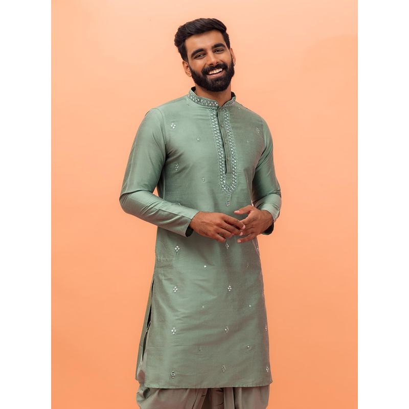 KISAH Men Green Mirror Work Embroidery Cotton Blend Kurta with Abstract Print (40)