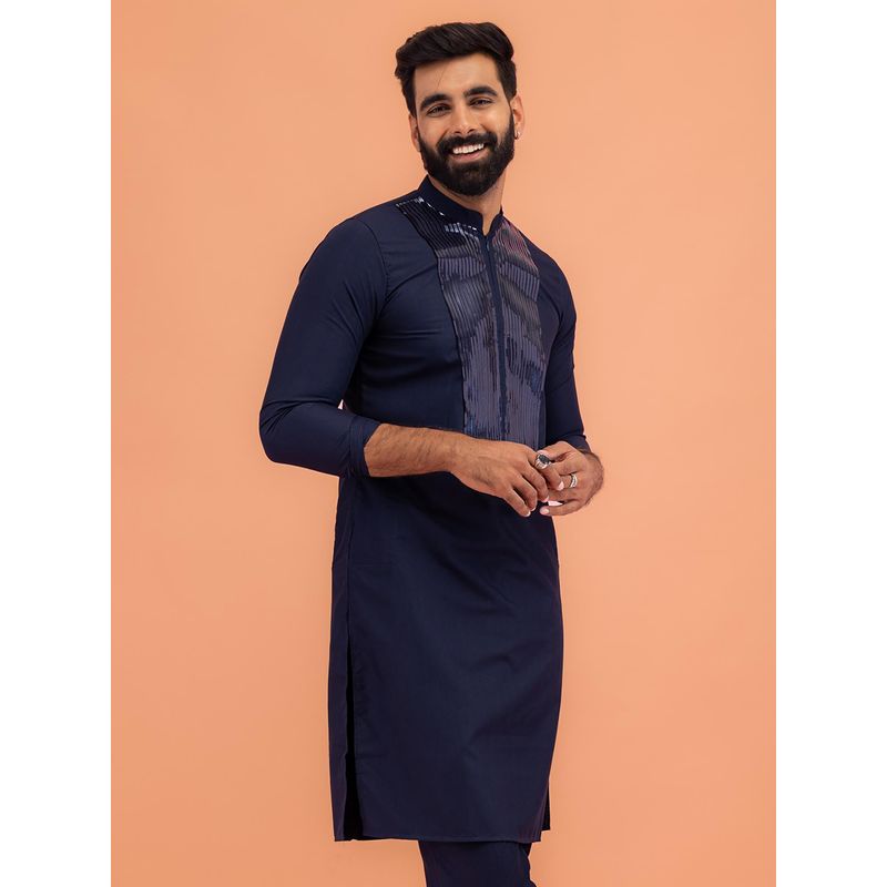 KISAH Men Navy Blue Tape Work Embellishment Cotton Blend Kurta with Abstract Print (38)