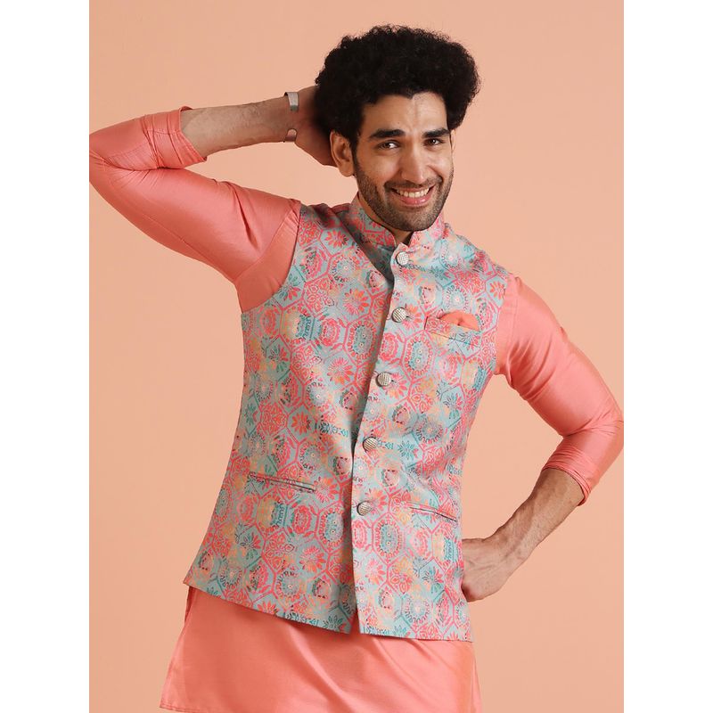 KISAH Men Multi Coloured Textured Silk Blend Nehru Jacket with Zari Design (38)