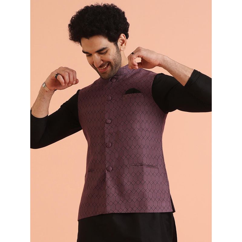 KISAH Men Mauve Woven Silk Blend Jacquard Nehru Jacket with Zari Design (42)