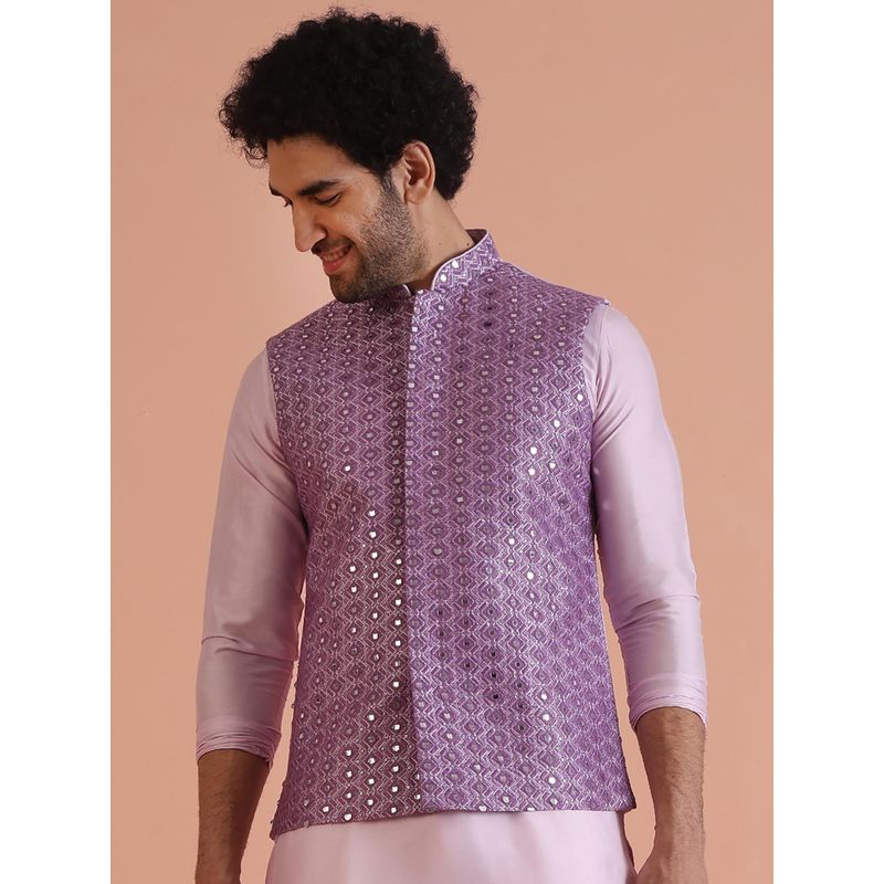 KISAH Men Lilac Embroidery Silk Blend Nehru Jacket with Zari Design (38)