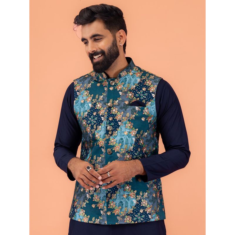 KISAH Men Blue Printed Silk Blend Nehru Jacket with Zari Design (38)