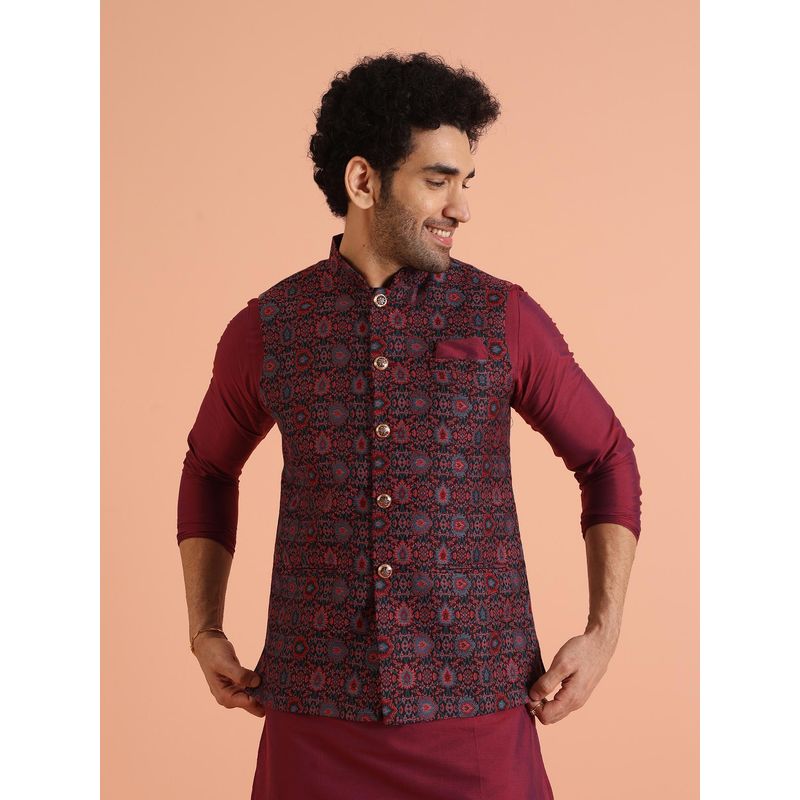 KISAH Men Multi Coloured Woven Silk Blend Jacquard Nehru Jacket with Zari Design (38)