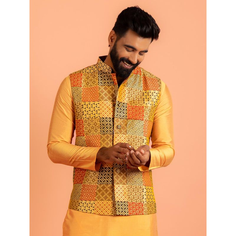 KISAH Men Multi Coloured Printed Silk Blend Nehru Jacket with Zari Design (42)